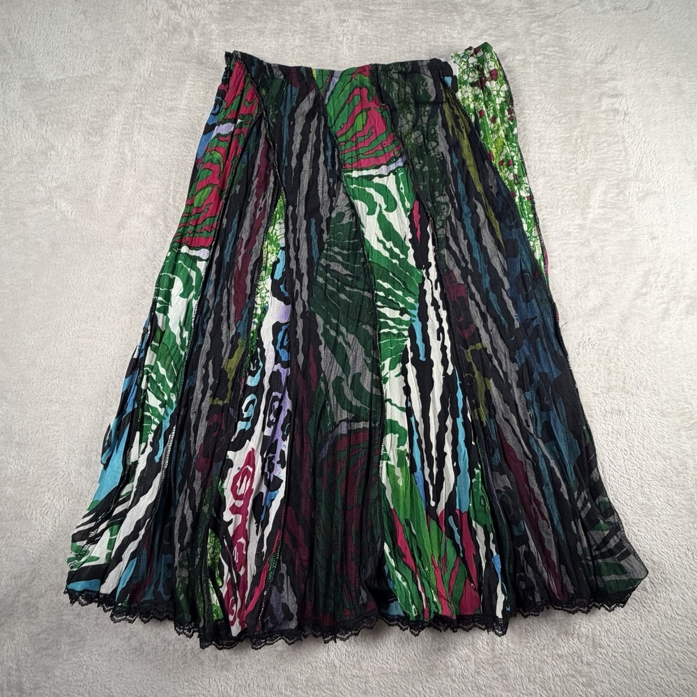 Vintage Alberto Makali Crinkle Pleated Midi Skirt Size 10 Abstract Lace Y2K